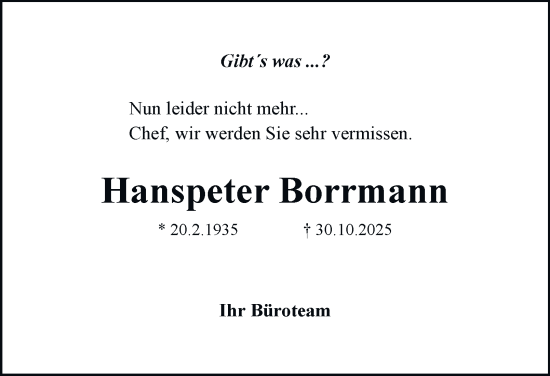 Traueranzeige von Hanspeter Borrmann von Braunschweiger Zeitung