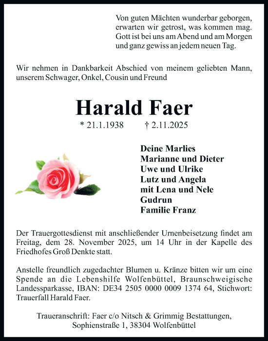 Traueranzeige von Harald Faer von Wolfenbütteler Zeitung