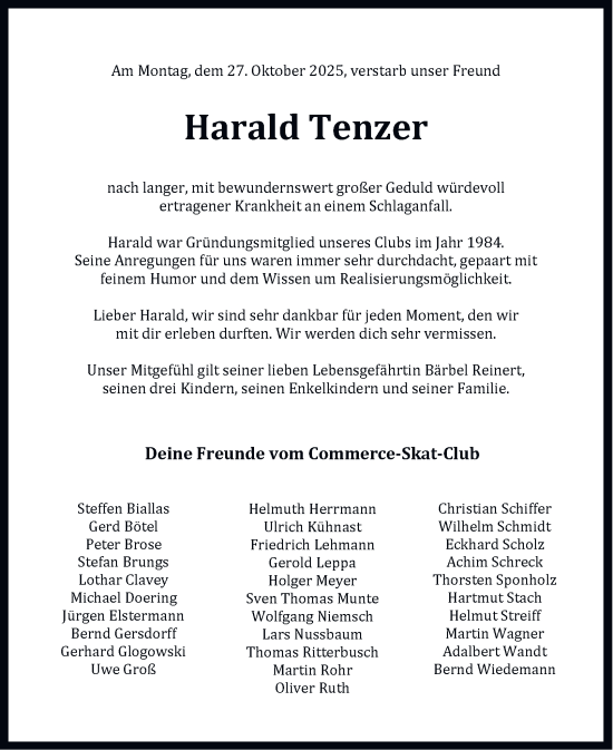Traueranzeige von Harald Tenzer von Braunschweiger Zeitung