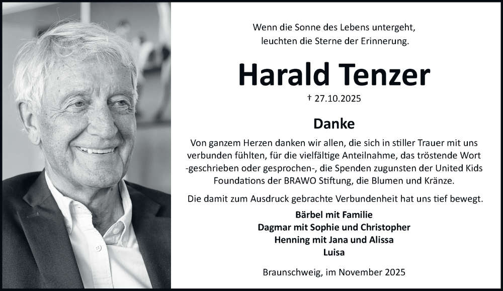  Traueranzeige für Harald Tenzer vom 29.11.2025 aus Braunschweiger Zeitung