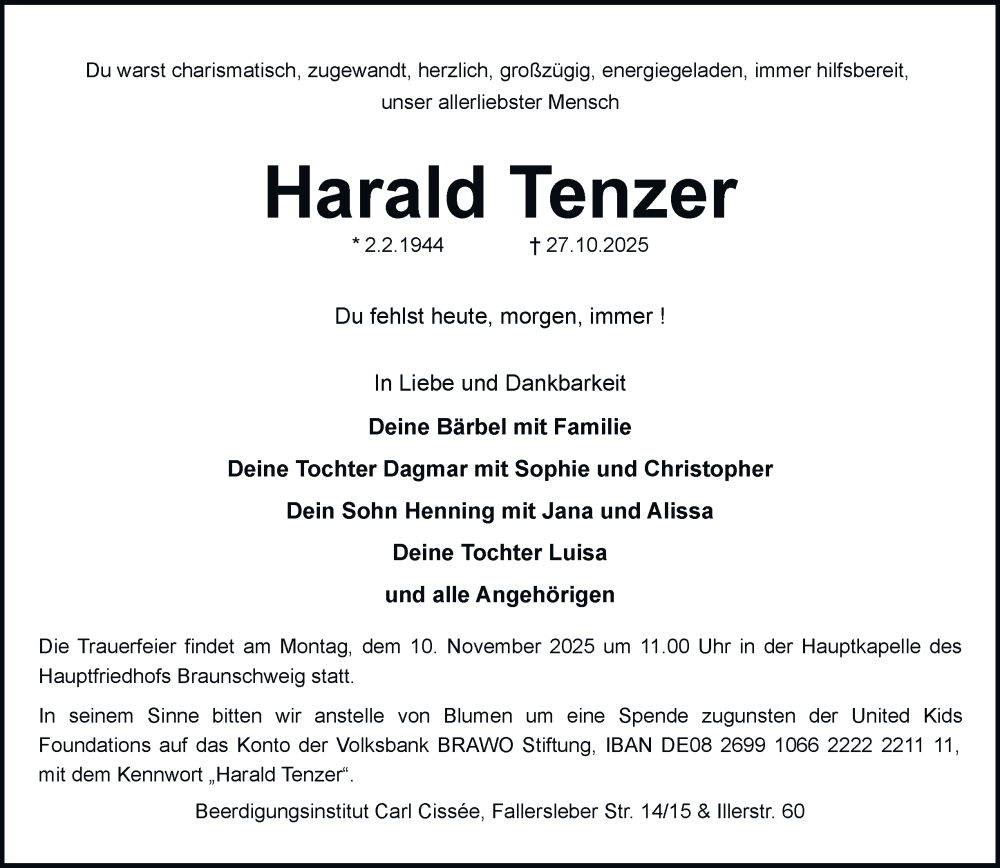  Traueranzeige für Harald Tenzer vom 05.11.2025 aus Braunschweiger Zeitung