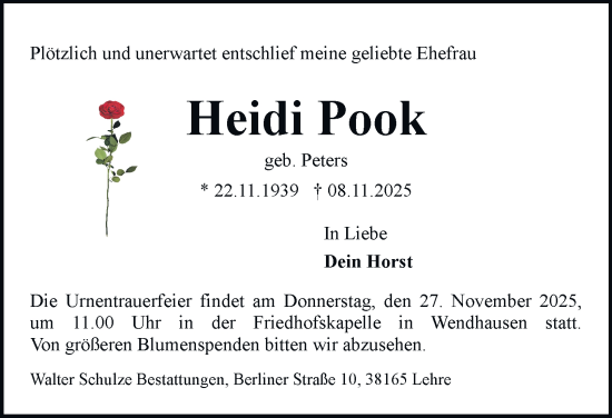 Traueranzeige von Heidi Pook von Helmstedter Nachrichten