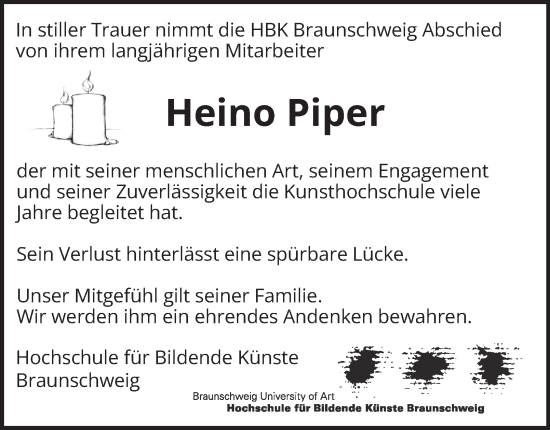 Traueranzeige von Heino Piper von Braunschweiger Zeitung