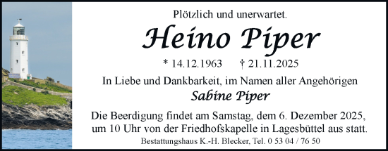 Traueranzeige von Heino Piper von Braunschweiger Zeitung