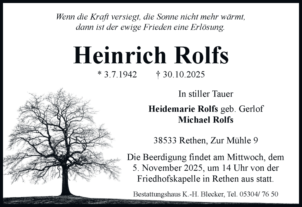  Traueranzeige für Heinrich Rolfs vom 04.11.2025 aus Braunschweiger Zeitung, Wolfsburger Nachrichten