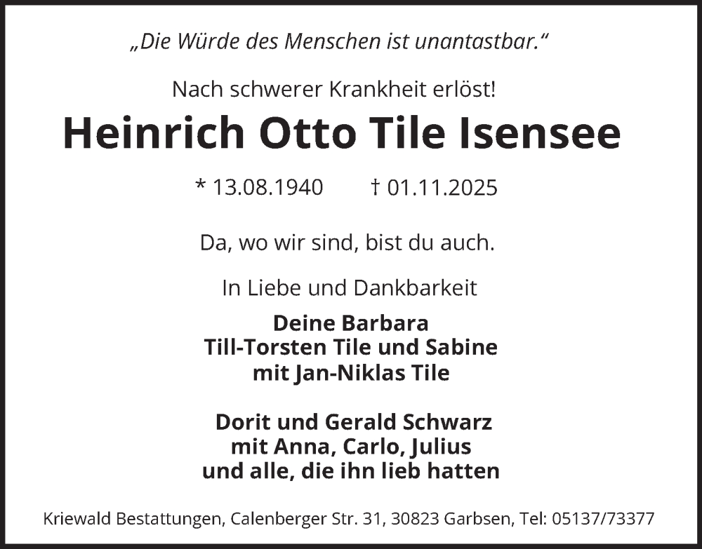  Traueranzeige für Heinrich Otto Tile Isensee vom 08.11.2025 aus Braunschweiger Zeitung
