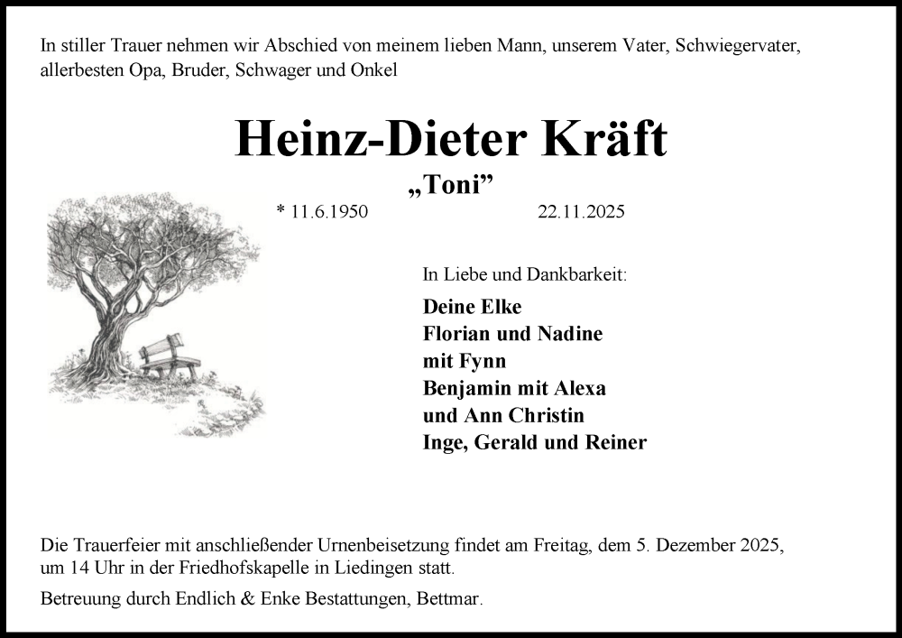  Traueranzeige für Heinz-Dieter Kräft vom 29.11.2025 aus Peiner Nachrichten