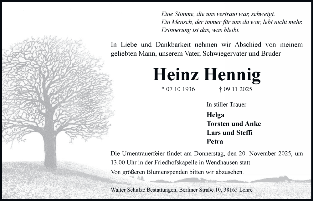  Traueranzeige für Heinz Hennig vom 15.11.2025 aus Braunschweiger Zeitung