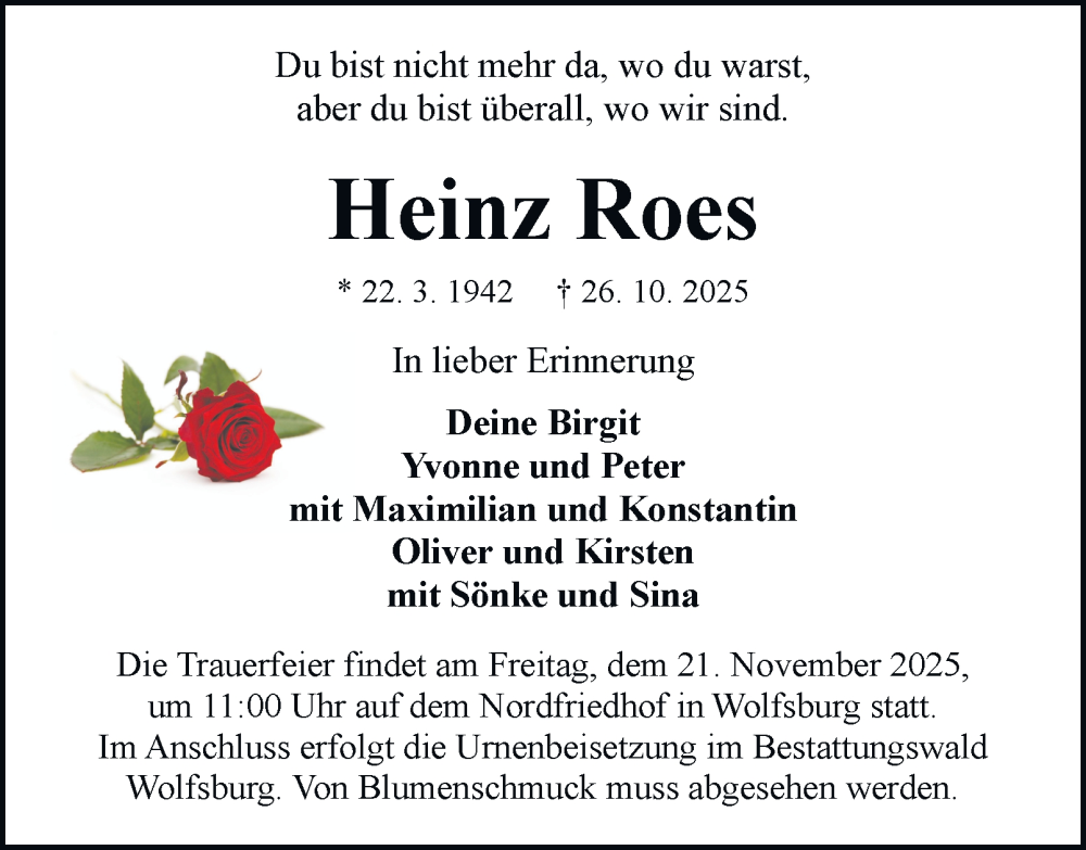  Traueranzeige für Heinz Roes vom 08.11.2025 aus Braunschweiger Zeitung, Wolfsburger Nachrichten