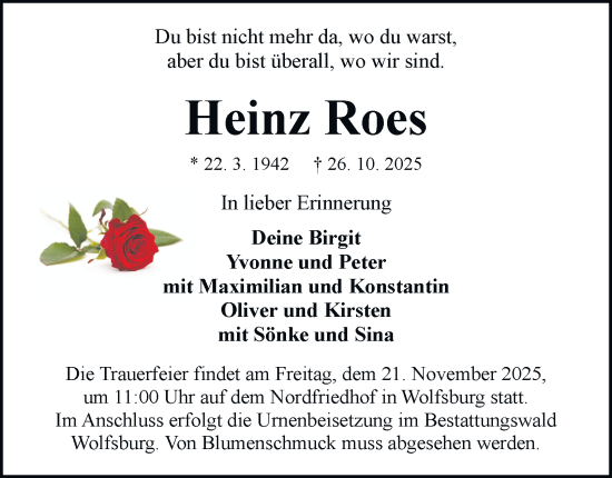 Traueranzeige von Heinz Roes von Braunschweiger Zeitung, Wolfsburger Nachrichten