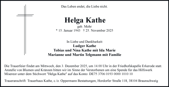 Traueranzeige von Helga Kathe von Wolfenbütteler Zeitung