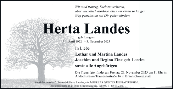 Traueranzeige von Herta Landes von Braunschweiger Zeitung