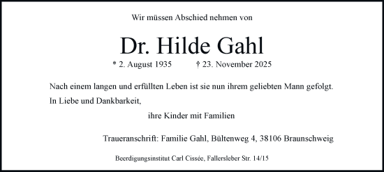 Traueranzeige von Hilde Gahl von Braunschweiger Zeitung
