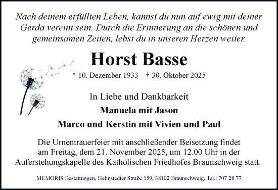 Traueranzeige von Horst Basse von Braunschweiger Zeitung