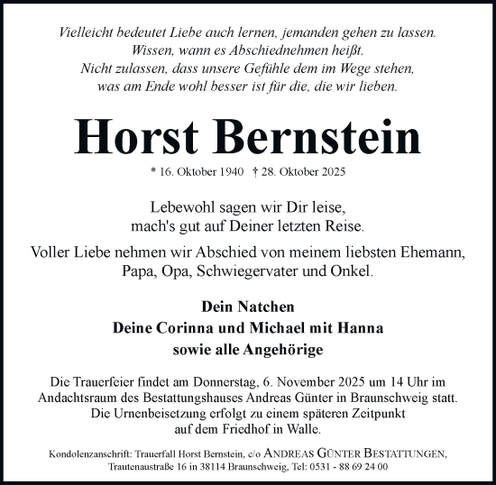 Traueranzeige von Horst Bernstein von Braunschweiger Zeitung