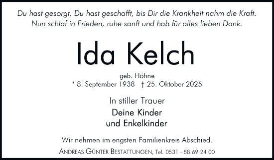 Traueranzeige von Ida Kelch von Braunschweiger Zeitung