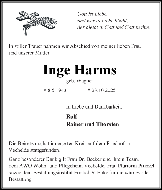 Traueranzeige von Inge Harms von Braunschweiger Zeitung