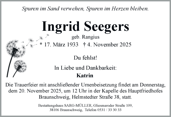 Traueranzeige von Ingrid Seegers von Braunschweiger Zeitung