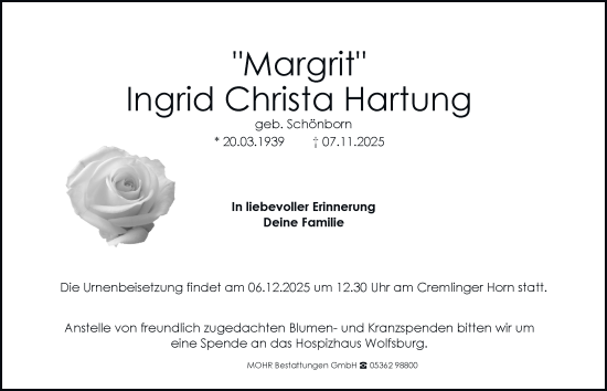 Traueranzeige von Ingrid Christa Hartung von Braunschweiger Zeitung, Wolfsburger Nachrichten