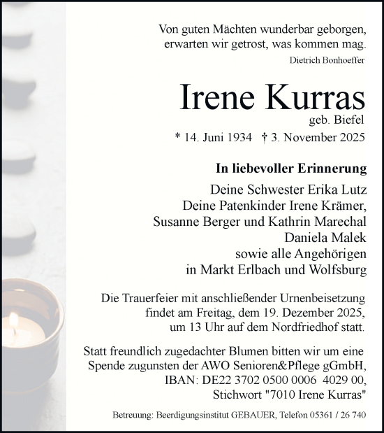 Traueranzeige von Irene Kurras von Braunschweiger Zeitung, Wolfsburger Nachrichten