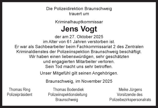 Traueranzeige von Jens Vogt von Braunschweiger Zeitung