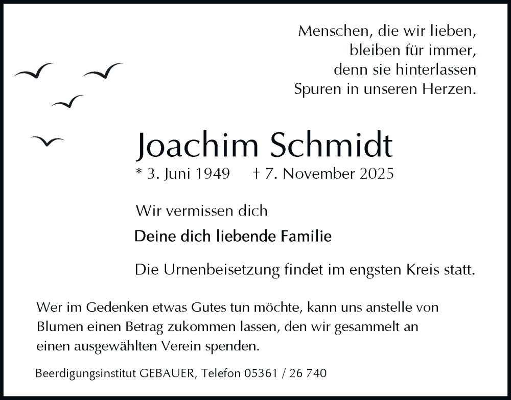  Traueranzeige für Joachim Schmidt vom 22.11.2025 aus Braunschweiger Zeitung, Wolfsburger Nachrichten