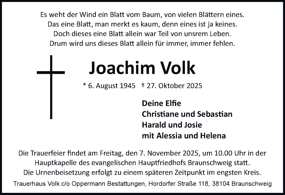  Traueranzeige für Joachim Volk vom 01.11.2025 aus Braunschweiger Zeitung