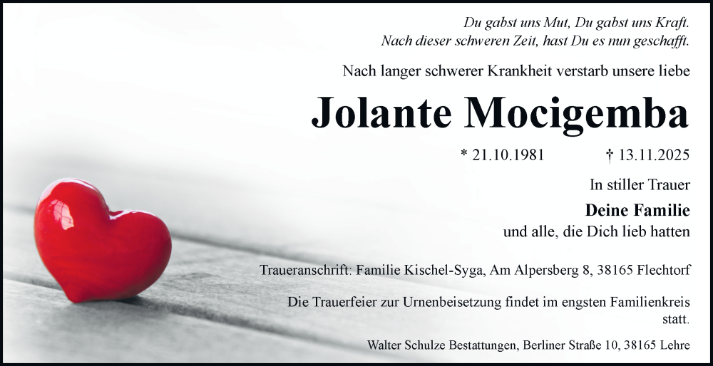  Traueranzeige für Jolante Mocigemba vom 22.11.2025 aus Helmstedter Nachrichten