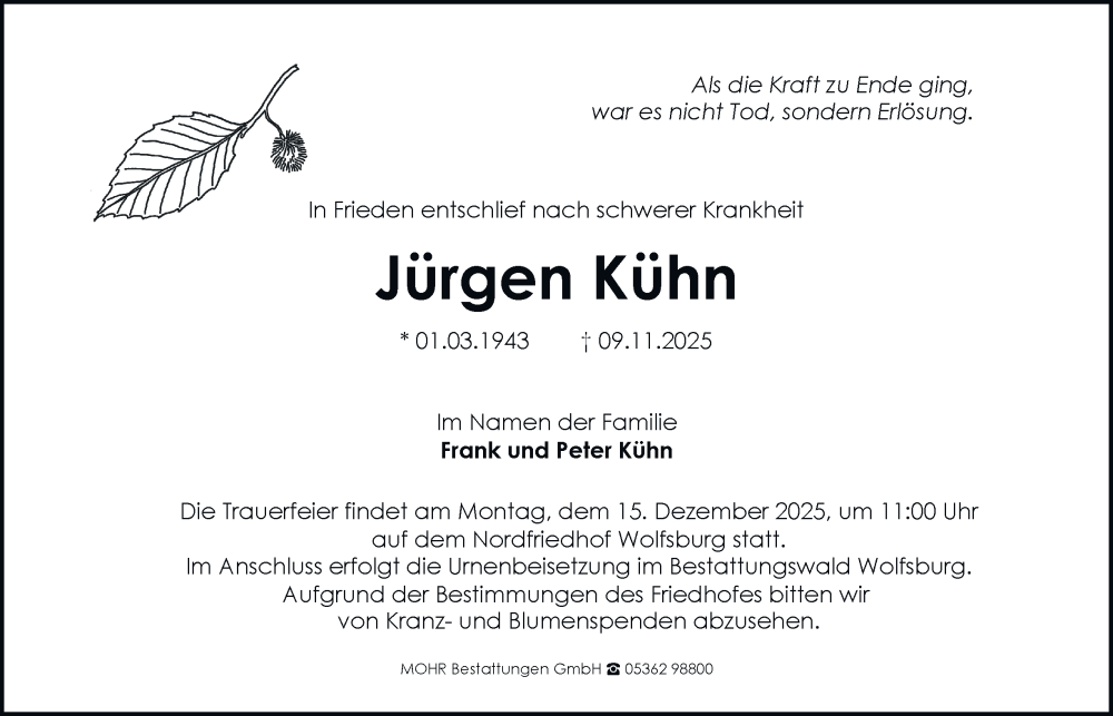  Traueranzeige für Jürgen Kühn vom 29.11.2025 aus Braunschweiger Zeitung, Wolfsburger Nachrichten