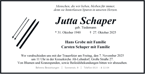 Traueranzeige von Jutta Schaper von Braunschweiger Zeitung