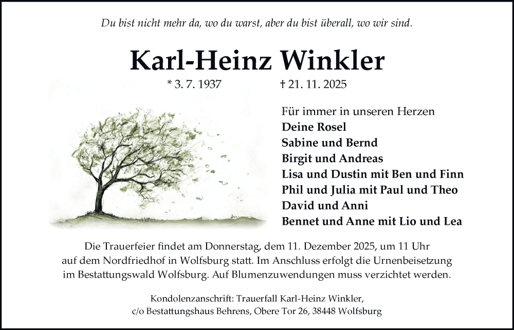  Traueranzeige für Karl-Heinz Winkler vom 29.11.2025 aus Braunschweiger Zeitung, Wolfsburger Nachrichten