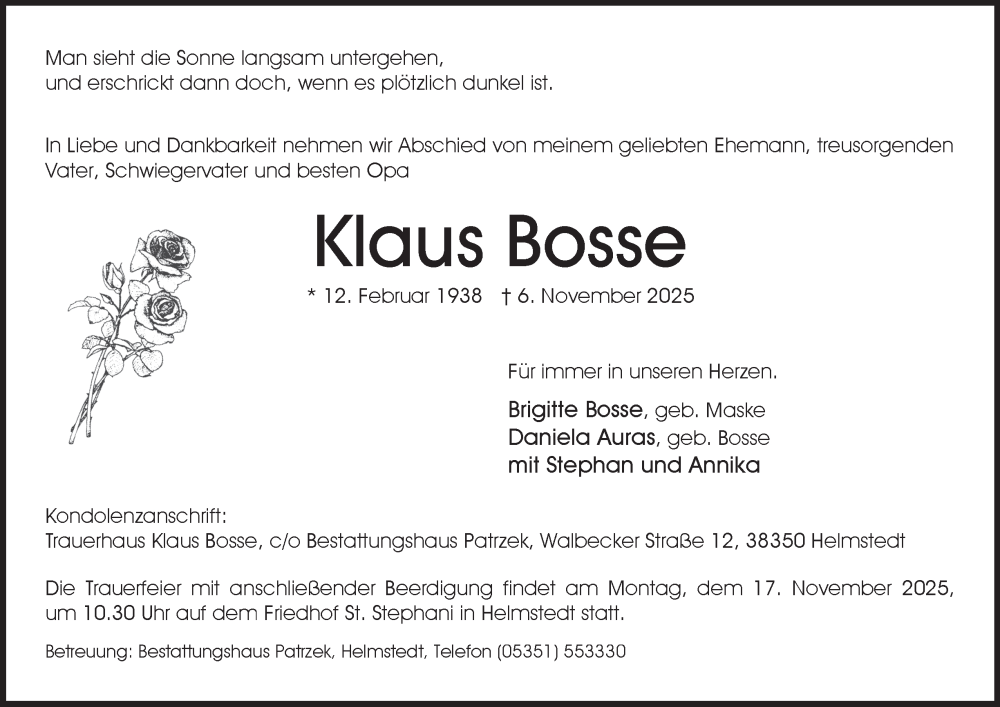  Traueranzeige für Klaus Bosse vom 12.11.2025 aus Helmstedter Nachrichten