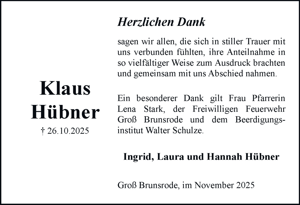  Traueranzeige für Klaus Hübner vom 22.11.2025 aus Helmstedter Nachrichten