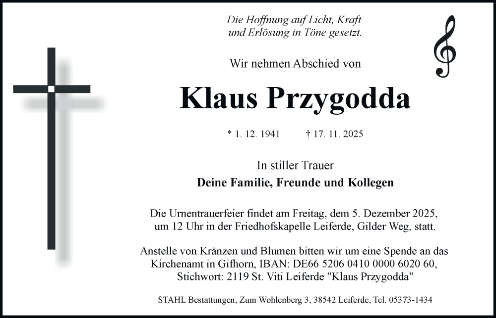  Traueranzeige für Klaus Przygodda vom 29.11.2025 aus Braunschweiger Zeitung, Wolfsburger Nachrichten