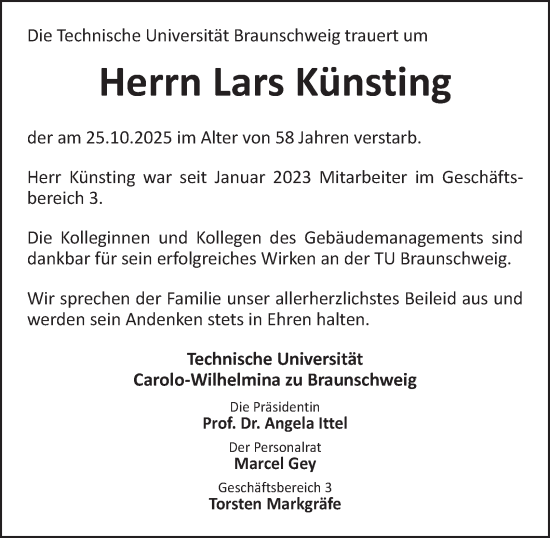 Traueranzeige von Lars Künsting von Braunschweiger Zeitung