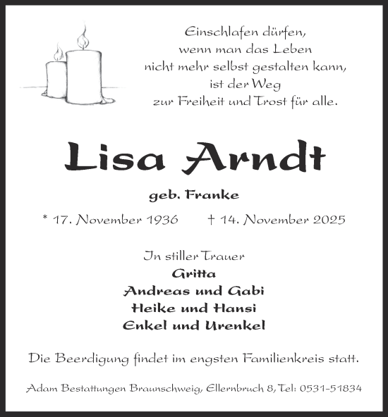 Traueranzeige von Lisa Arndt von Braunschweiger Zeitung