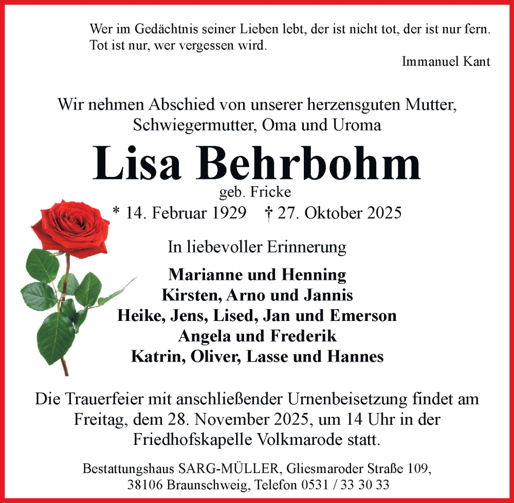  Traueranzeige für Lisa Behrbohm vom 22.11.2025 aus Braunschweiger Zeitung