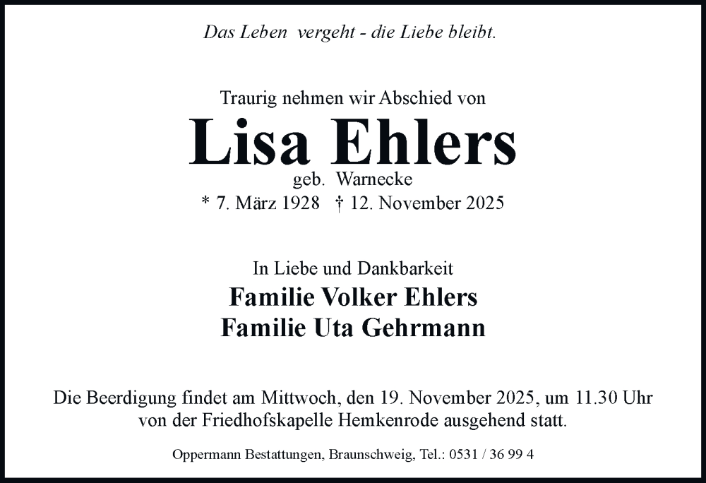 Traueranzeige für Lisa Ehlers vom 15.11.2025 aus Wolfenbütteler Zeitung
