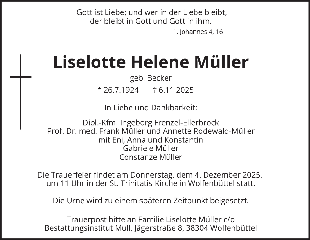  Traueranzeige für Liselotte Helene Müller vom 29.11.2025 aus Wolfenbütteler Zeitung