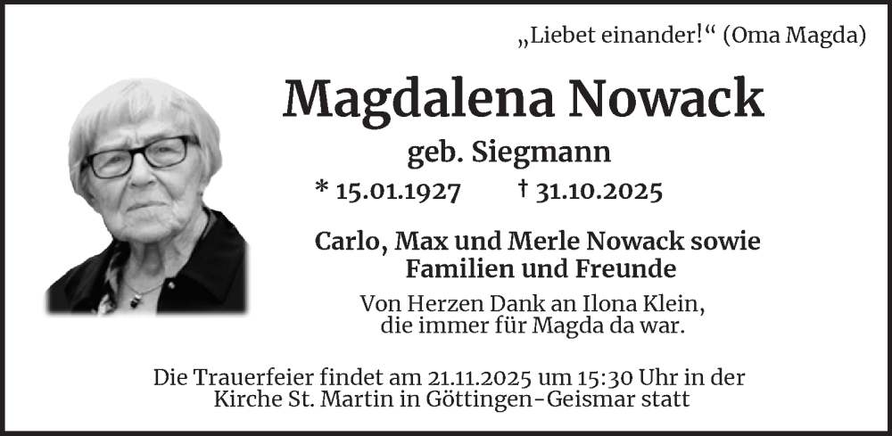  Traueranzeige für Magdalena Nowack vom 15.11.2025 aus Salzgitter-Zeitung