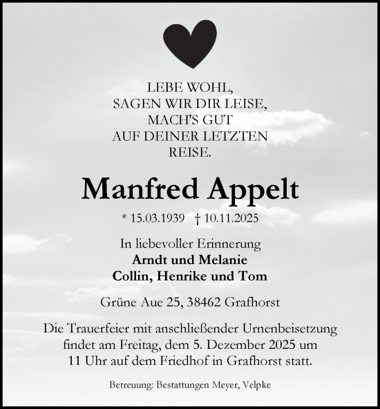 Traueranzeige von Manfred Appelt von Helmstedter Nachrichten