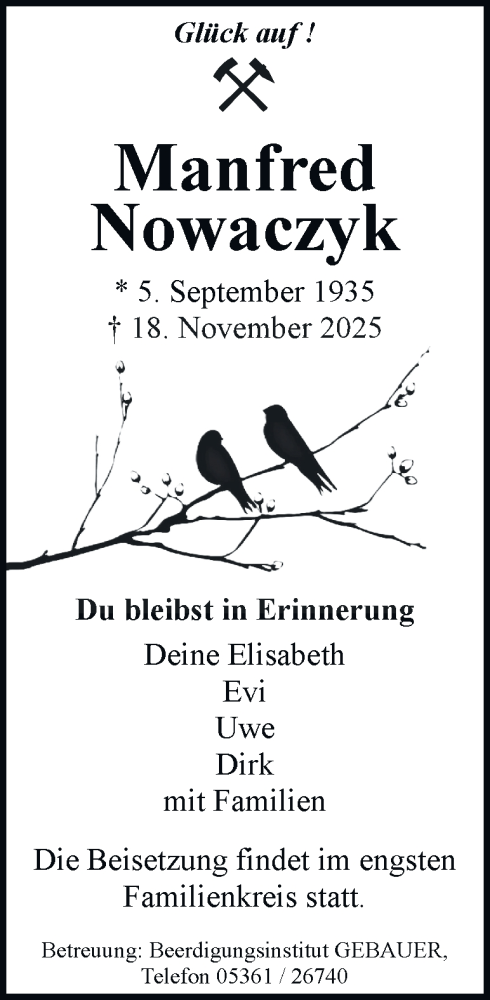  Traueranzeige für Manfred Nowaczyk vom 29.11.2025 aus Braunschweiger Zeitung, Wolfsburger Nachrichten