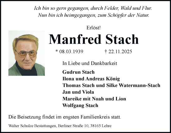 Traueranzeige von Manfred Stach von Helmstedter Nachrichten