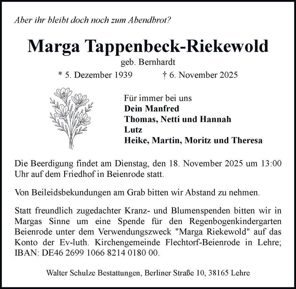  Traueranzeige für Marga Tappenbeck-Riekewold vom 15.11.2025 aus Braunschweiger Zeitung, Wolfsburger Nachrichten