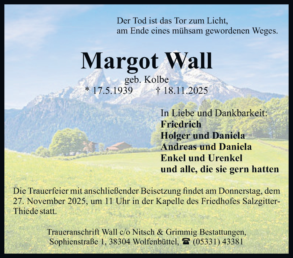  Traueranzeige für Margot Wall vom 22.11.2025 aus Salzgitter-Zeitung