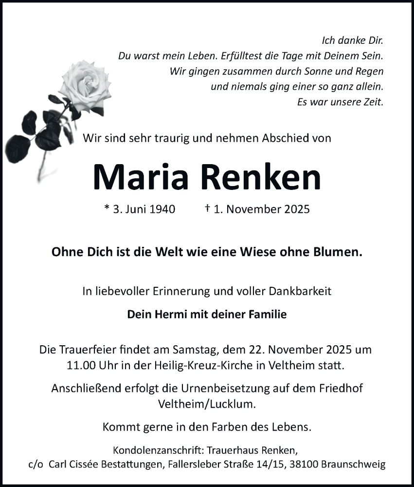  Traueranzeige für Maria Renken vom 15.11.2025 aus Braunschweiger Zeitung