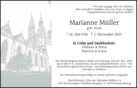 Traueranzeige von Marianne Müller von Braunschweiger Zeitung