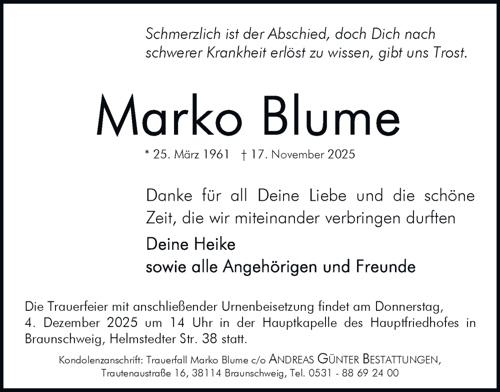  Traueranzeige für Marko Blume vom 22.11.2025 aus Braunschweiger Zeitung