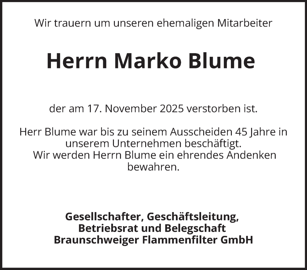  Traueranzeige für Marko Blume vom 29.11.2025 aus Braunschweiger Zeitung