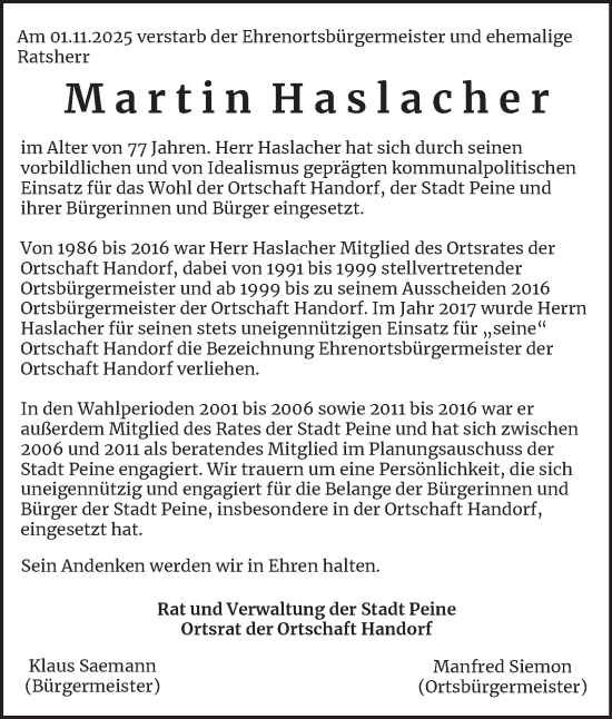 Traueranzeige von Martin Haslacher von Peiner Nachrichten